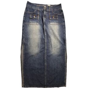 * Vintage Y2K Paris Blues Jean Skirt with Side Vents & Pockets distressed cargo